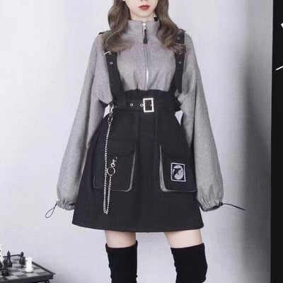 Trendy New Detachable Strap Belt Girls Skirt Gothic Dark Sweatshirt Short Skirt Top Personality Sweater Black Lolita Skirt