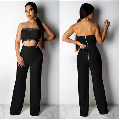 AHVIT Fashion Hollow Out Lace Sexy Women Jumpsuita Strapless Sleeveless Solid Color Elegant Party Romper MOS-M889