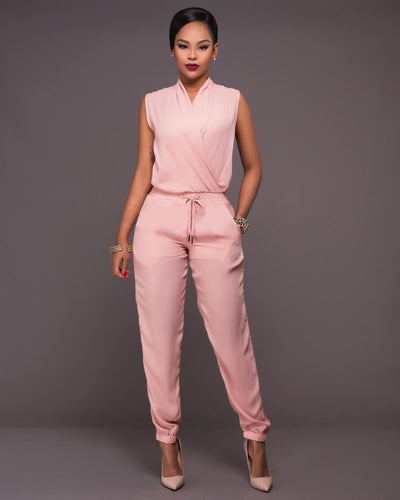 AHVIT Solid Color Sleeveless Elegant Women Jumpsuits V Neck Slim Fit Fashion Romper YDN295