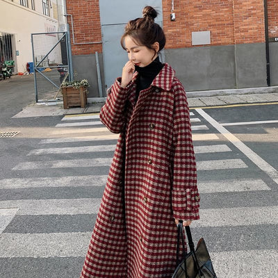 Plaid Wool Plush Coat Women&#39;s Mid Long 2021 Windbreaker Winter New Korean Loose Thickened Popular Woolen Coat Women&#39;s Wear