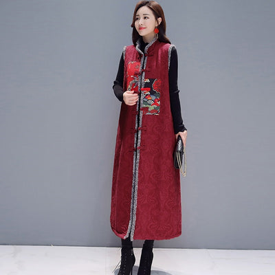 2021 Winter Chinese Trench Coats Sleeveless Long Jackets For Women Cotton Robe Vintage Femme Chinese Style Clothing Women 11793