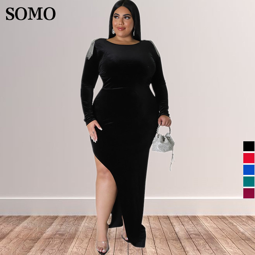 SOMO Winter Solid Hollow Out Long Sleeve Split Dress Fashion Tassel Slim Sexy Plus Size Evening Dresses Wholesale Dropshipping