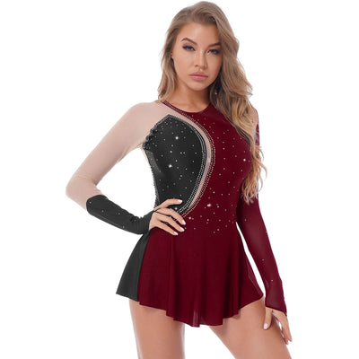 Womens Shiny Rhinestone Figure Ice Skating Dress Ballroom Dance Roller Skating Competition Practice Stage Performance Costume