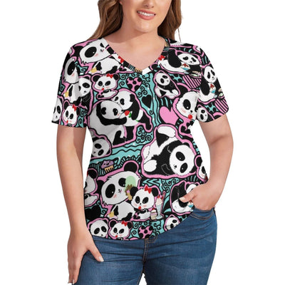 Panda Bears Print T-Shirts Cute Animal V Neck T Shirt Short Sleeve Women Trendy Tee Shirt Summer Print Clothes Plus Size 3XL 4XL