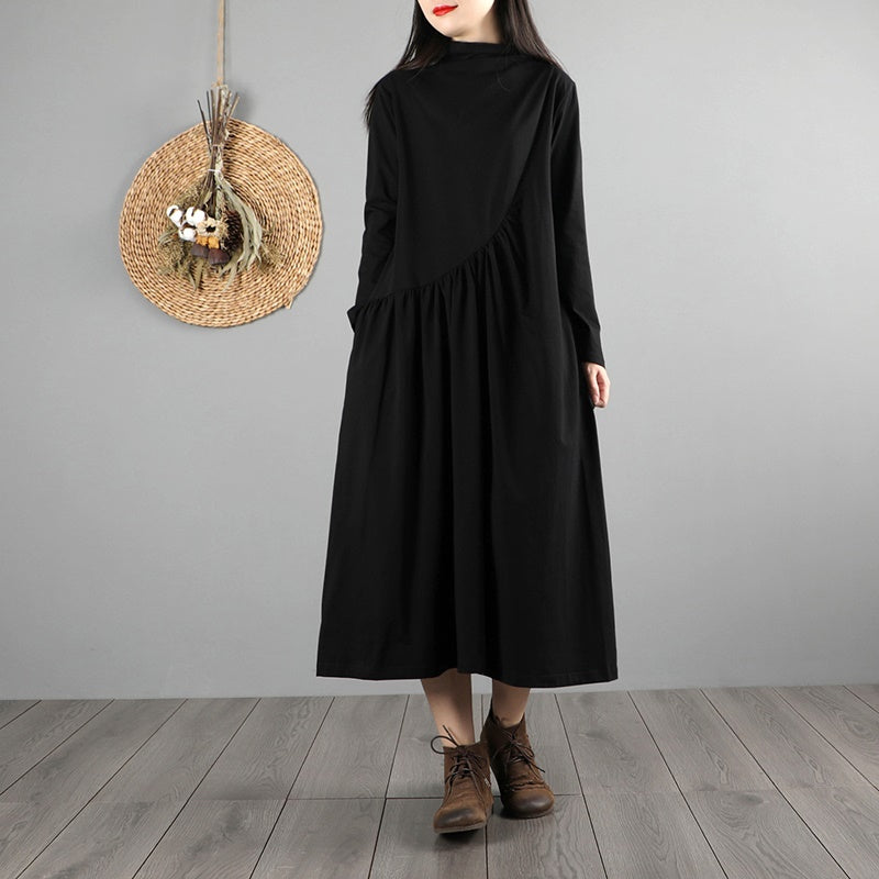 2021 Women Vintage Chinese Style Dress Lady Elegant Long Dresses Female Solid Color Loose Casual Retro Robe Vintage Femme 11856