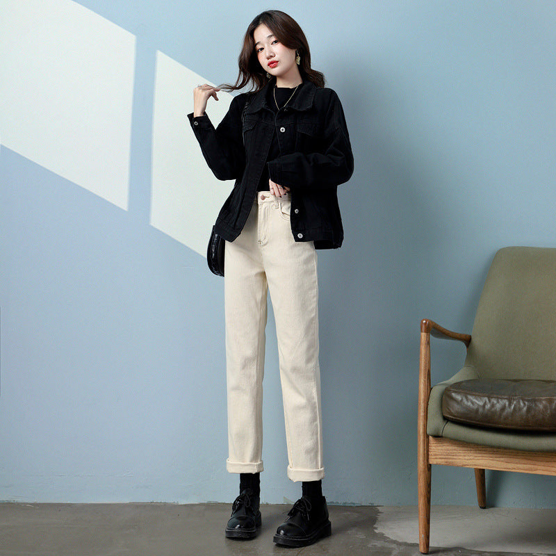 Straight chimney 2022 spring and summer living female high-waisted slim mid-tube pants nine points apricot black jeans