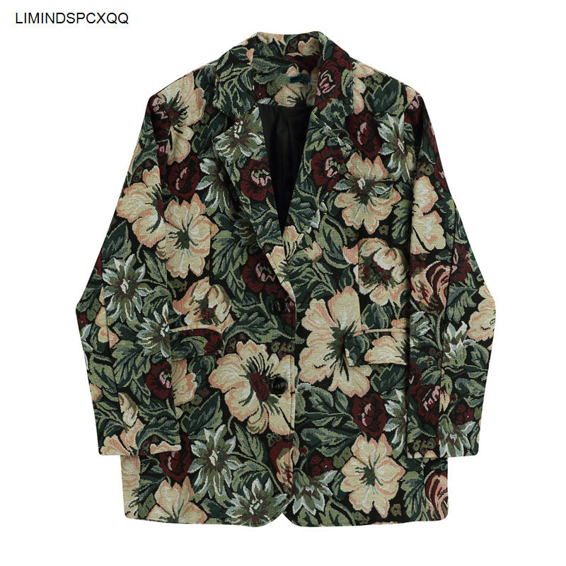 2021 Autumn Winter Korean Suits Blazers Fashion Floral Print Vintage Blazer Loose Casual Coat Long Pocket Outwear Female Jacket