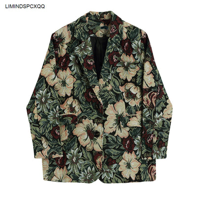 2021 Autumn Winter Korean Suits Blazers Fashion Floral Print Vintage Blazer Loose Casual Coat Long Pocket Outwear Female Jacket