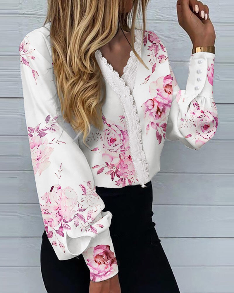 2022 Summer Autumn Women&#39;s Elegant Fashion Printed Lace Casual Shirt Casaul V Neck Floral Printed Long Sleeve T-shirt New Blouse