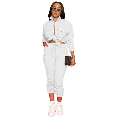 5Sets Bulk Items Wholesale Women Pants Sets Button Shirt Jackets + Drawstring Trousers Two Piece Sets Autumn Stretch Outfit 8374