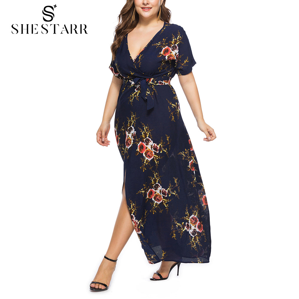 SHESTARR Plus Size Women Dresses 2022 Sexy Deep V Neck Short Sleeve XL-4XL Floral Print Summer Plus Size Feminine Maxi Dress