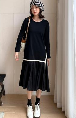 Korean Summer Retro Loose Short Sleeve Color-collision Stitching Fake Two Dresses Irregular Pleated Dress
