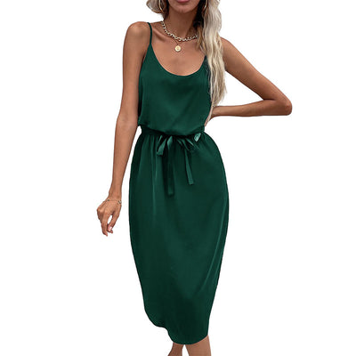 Women Simple Casual Dresses Backless Sexy Pure Color Elegant Frenum Split Dress All-match Fashion Popular Holiday Skirts