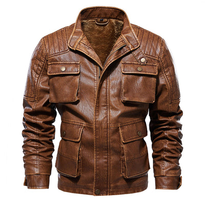 Men&#39;s Winter Velvet Distressed Motorcycle Overcoat Vintage Multi-Pockets Leather Outwear Outercoat