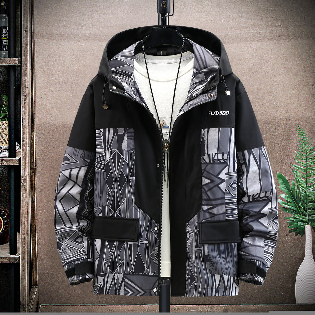 Men&#39;s stitching colorblock print men&#39;s jacket 2022 spring and autumn hooded casual jacket men&#39;s jacket