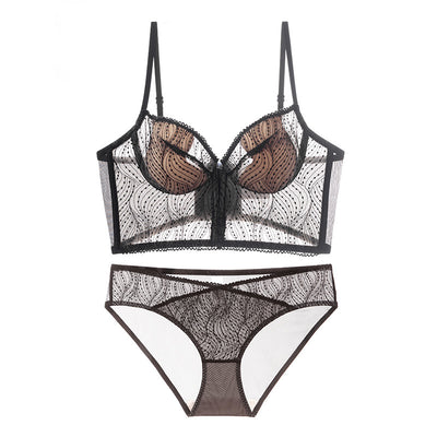 New Women Underwear Sexy Transparent Lace Bra Set Summer Thin Cup Ultra Wide Tops Fashion Deep V Hollow Body Shaper Lingerie