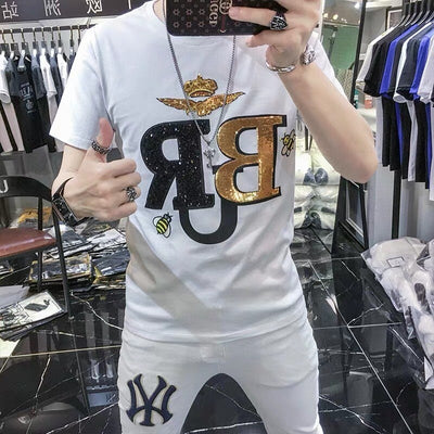 Luxury Exquisite Bright Bees Hot Drilling Letters Personality Bodybuilding Summer O-Neck T-Shirt Men's  Cotton Short Sleeves