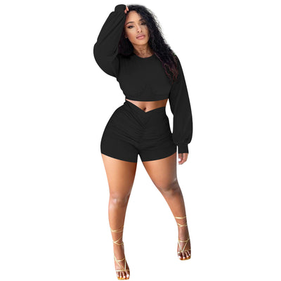 Women Fall Clothes Sports Suits Crop Tops+short Pants Solid Color Sportswear 2 Pieces Sets Fold Hoodies Shorts Jogger Suits