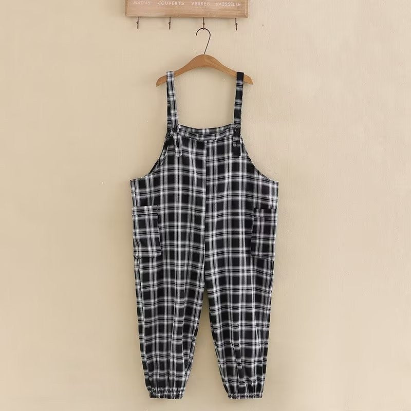 Plus Size Women&#39;s Clothing Suspender Pants With Pockets On Both Sides Checkered Cotton Fabric Large Size Spring And Autumn Pants
