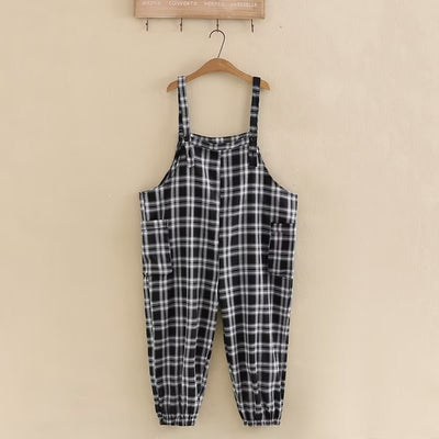 Plus Size Women's Clothing Suspender Pants With Pockets On Both Sides Checkered Cotton Fabric Large Size Spring And Autumn Pants