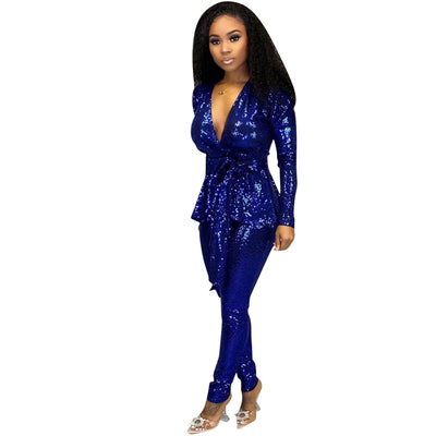 LKF Sparkling Gilding 2 Piece Sets Women Sexy Deep V Neck Long Sleeve Shirt Top With Belt Pencil Pants Club Party Suits