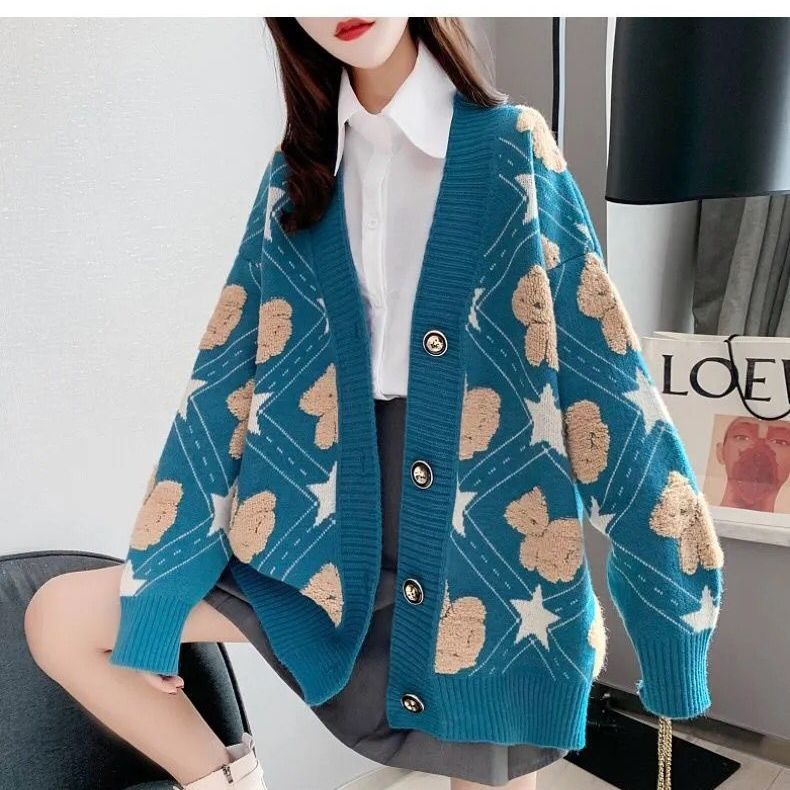 2021 Autumn Winter New Fashion V-Neck Sweater Loose Cute Bear Sweater Knitted Cardigan Coat