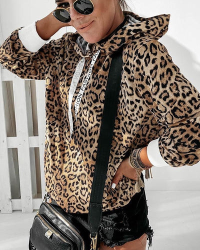 2022 Spring Summer Cheetah Print Letter Strap Hooded Top Women&#39;s Clothing New Leopard Print Casual Pocket Hoodie Sweatshirt