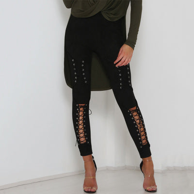 Fashion Lace Up Cut Out Trousers for Women Suede Leather Pencil Pants New Sexy Bandage Legging Pants Hollow Out Women&#39;s Pantalon