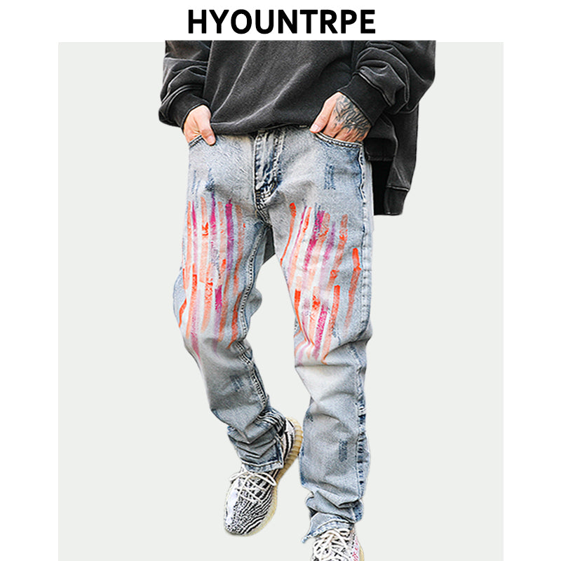 Bottom Zipper Skinny Denim Jeans Mens Ripped Slim Trousers Biker Jeans Fashion Graffiti Printed Streetwear Hip Hop Pants Joggers