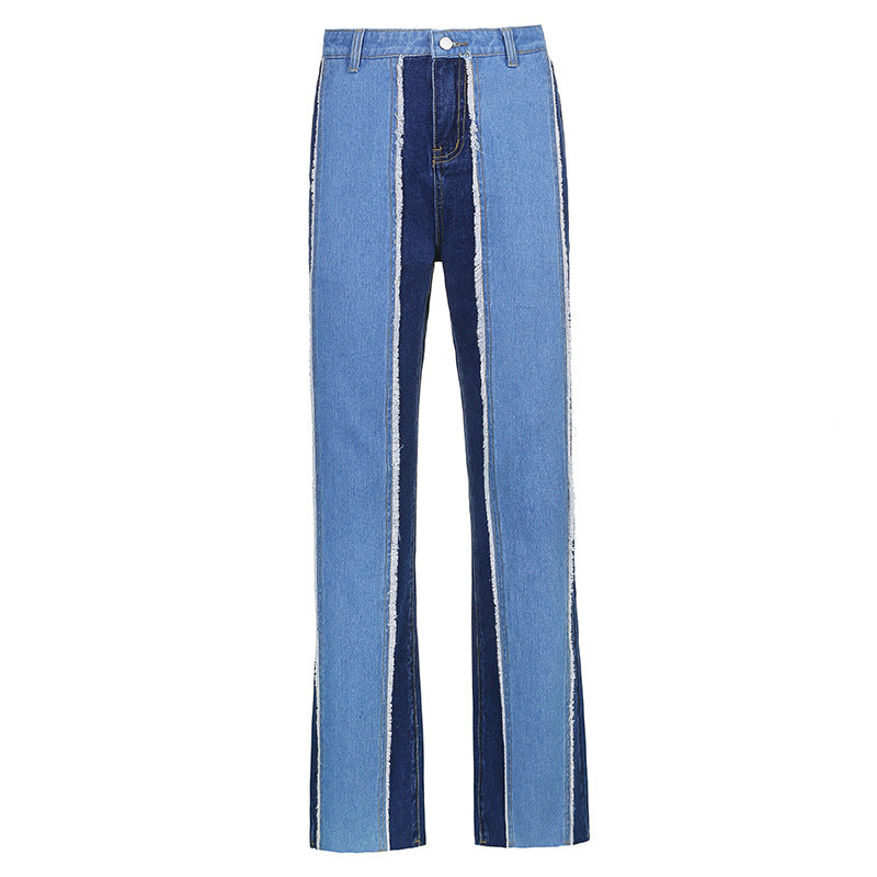 Two Tone Jeans Women Spring Fashion Slim High Waist Blue Patchwork Jeans Female Casual Loose Tassel Wide Leg Pants Streetwear