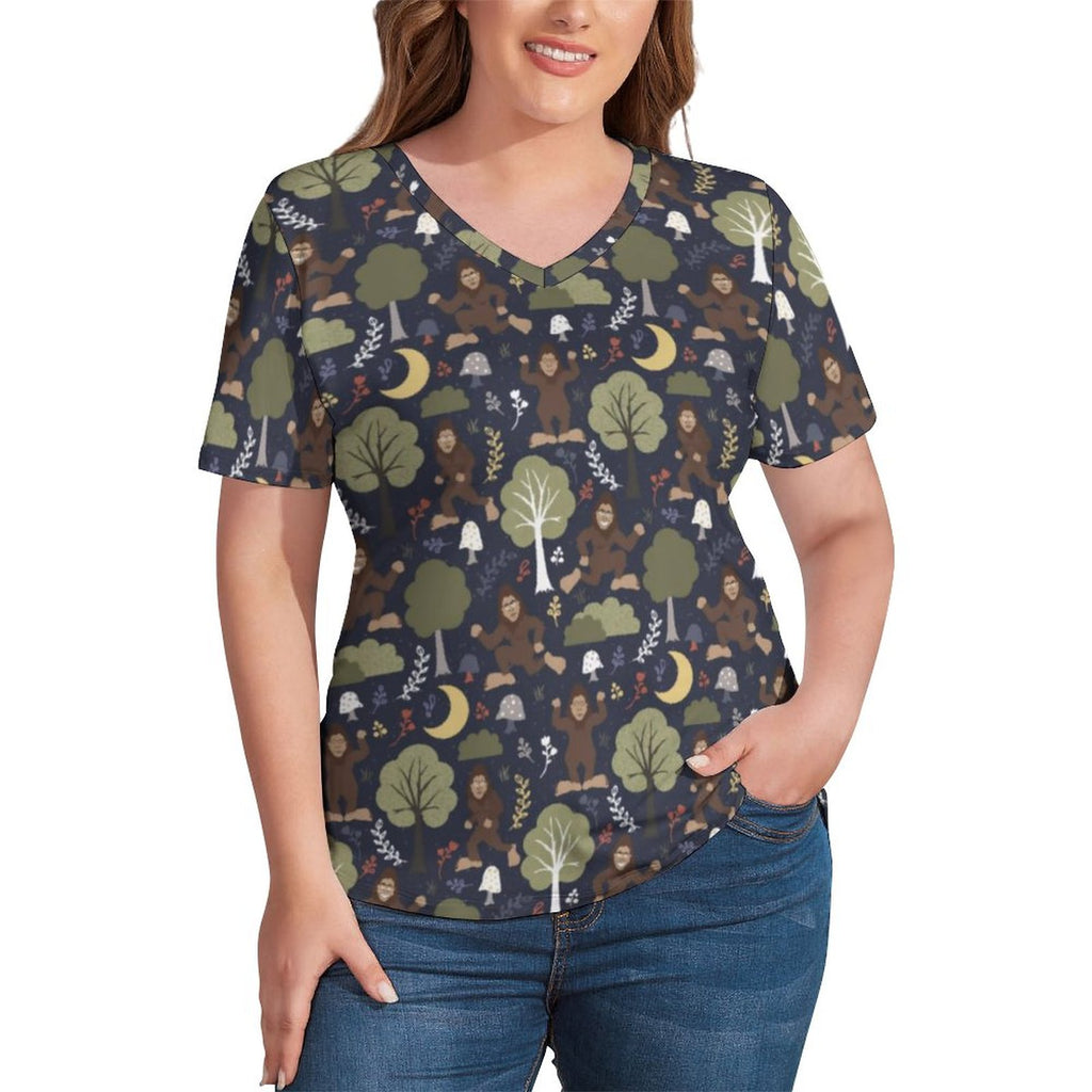 Midnight Forest Print T Shirt Bigfoots Adventure Elegant T Shirts V Neck Short Sleeves Tshirt Female Classic Tops Plus Size 4XL