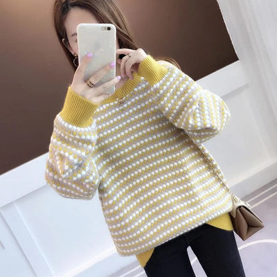 Sueter Feminino Women Pullovers And Sweaters Elegant O Neck Dot Computer Knitted Jumper Fall Winter Stripe Base Knitting Tops