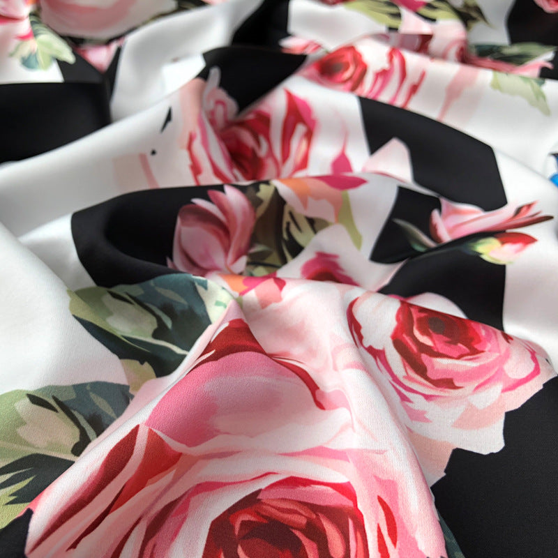 European and American catwalk models flower children's black stripes rose pattern digital printing fabrics senior printing cloth
