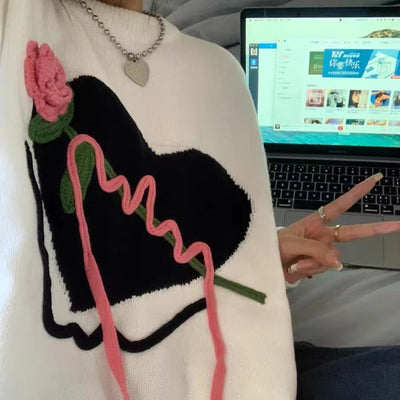 Long Sleeve Floral Three Dimensional Decoration Women&#39;s Clothing O-Neck Appliques Preppy Style Thick Autumn Winter Pullovers