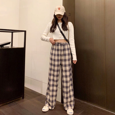 Spring and Summer Korean Version of Loose Plaid Pants Thin Casual Pants Ins High Waist Wide Leg Sports Straight Pants for Women