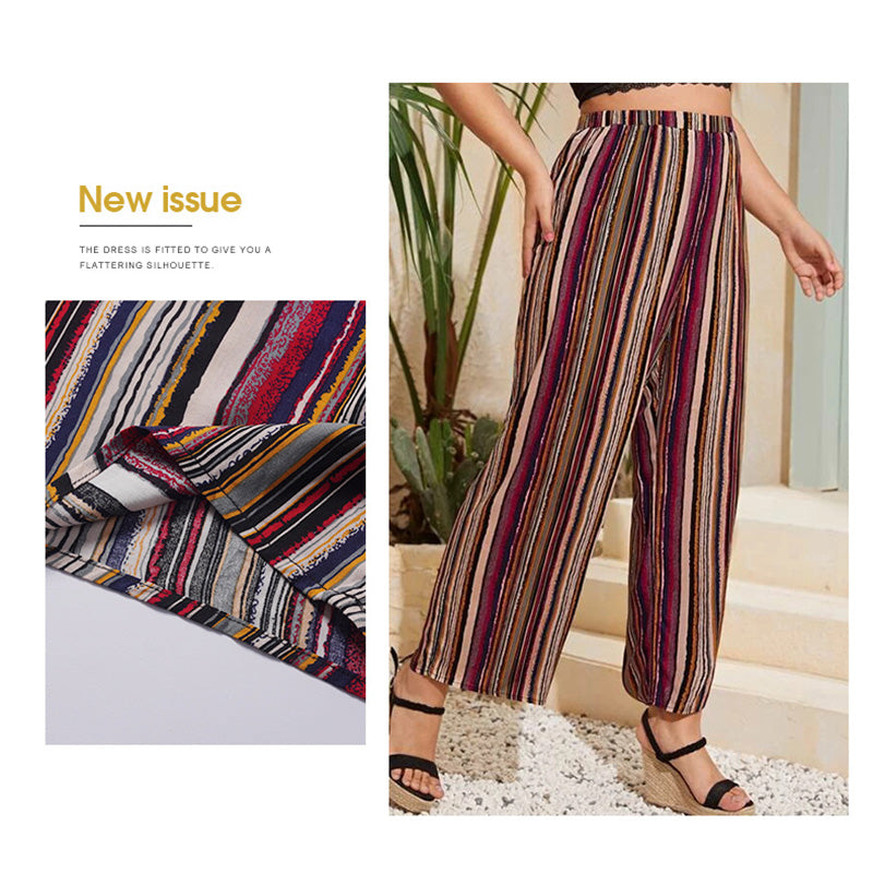 Plus Size Vintage Striped Printing Knitted Wide Leg Trousers Women 2022 New Spring Summer Casual Loose Nine Points Pants Trend