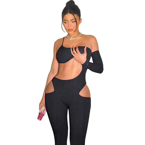 Women Sexy Hollow Out Fitness Jumpsuit One Shoulder Solid Elastic Activewear Slim Sporty Streetwear Rompers Outfits