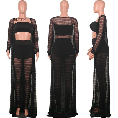 Striped mesh sexy 3 piece set women strapless +skinny full length pants and full sleeve coat bohemian attractive suit