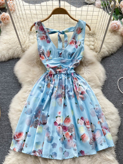 Sexy Deep V-neck Sleeveless Summer Dress Women Vintage Floral Print Mini Party Dress Lace-up Ruched Slim High Waist A-ine Dress