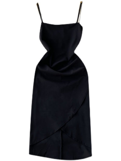 Foamlina Sexy Black Party Dress Women Elegant Summer Spaghetti Strap Sleeveless Backless Folded Cross Split Mini Club Vestidos