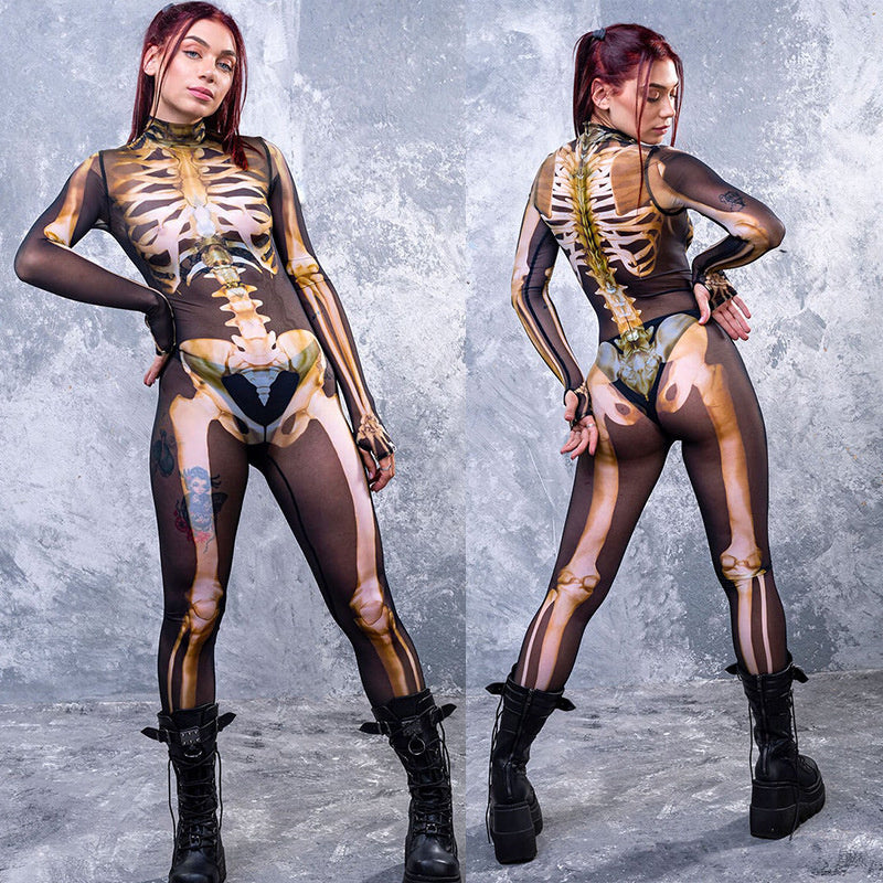 2022 Women New Halloween Horror Jumpsuit Acting Costume Human Skull Print Sexy Personality Tights Masquerade Costumes Scary