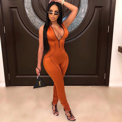 AHVIT Solid Color Skinny Fashion Women Jumpsuits Sleeveless Deep Round Collar Zipper Casual Nightclub Romper SAJ4075