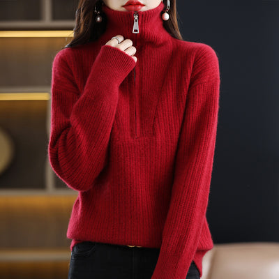 Autumn And Winter New High-Neck Zipper Pullover Knitted Women&#39;s Long-Sleeved Solid Color Korean Version Of The Pure Wool Sweater