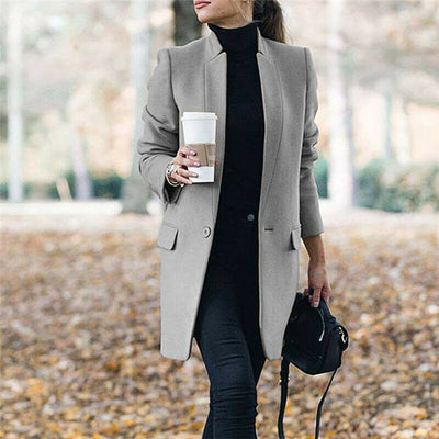 New Wool Blend Coat 2021 Autumn Casual Woman Slim Long Overcoat Elegant Stand Collar Single Button Female Outwear Trench