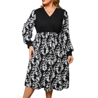 Women Plus Size Long Sleeve Dress Fake Two Piece Dress Print V Neck Thread Stitching Print Makes It Thinner Dress Autumn L-5XL