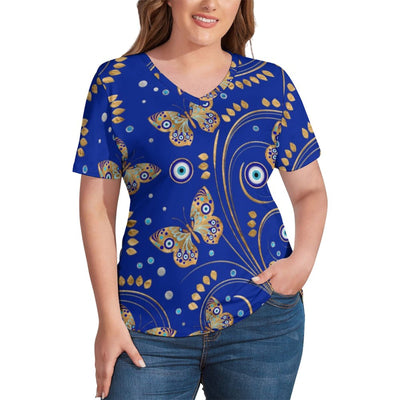 Golden Butterfly T-Shirt Evil Eye Print Modern T Shirts V Neck Short Sleeve Trendy Tops Lady Street Style Tees Plus Size 3XL 4XL