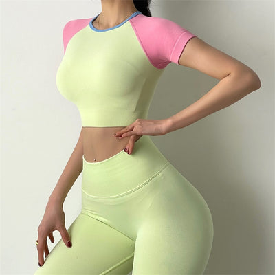 Ladies Yoga Top Candy Color Stitching Sexy Short Sleeve Workout Wear Short Sleeve Yoga T-Shirt Running Bike Sportswear