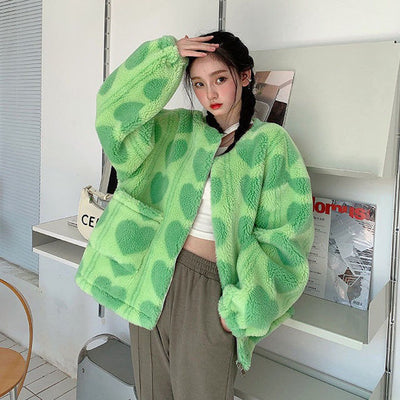 Heart Print Women Jacket Winter Warm Zipper Hooded Flannel Parka Harajuku Lambswool Sherpa Streetwear Loose Hoodie Coat