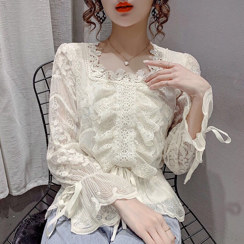 Elegant Fashion Square Collar Thin Blended Shirts Lace Solid Lantern Sleeve Spring Autumn Pullovers Women&#39;s Clothing Popularity