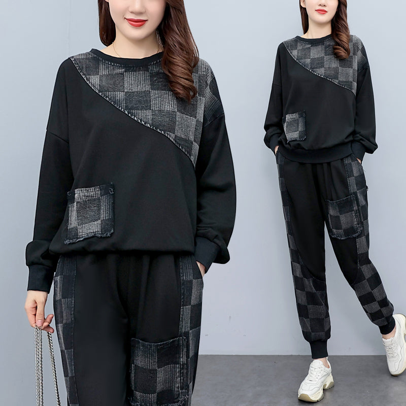 Women Outfit lattice Print Loose 2 Two Piece Set Streetwear Tracksuit Sweatshirt +Joggers Pants Matching Ensemble Femme 2 pièces